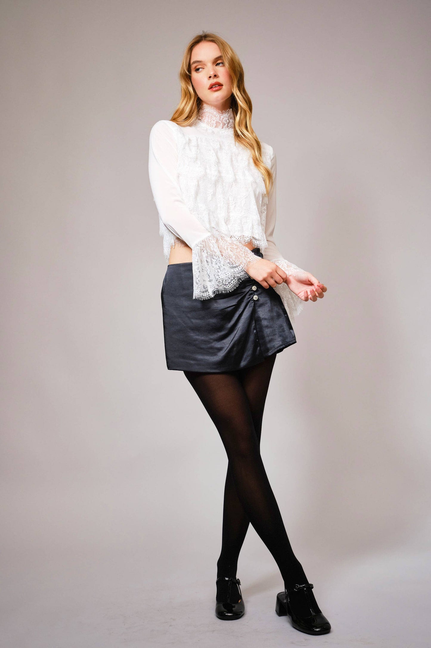 Mock Neck Tiered Lace Bell Sleeve Top