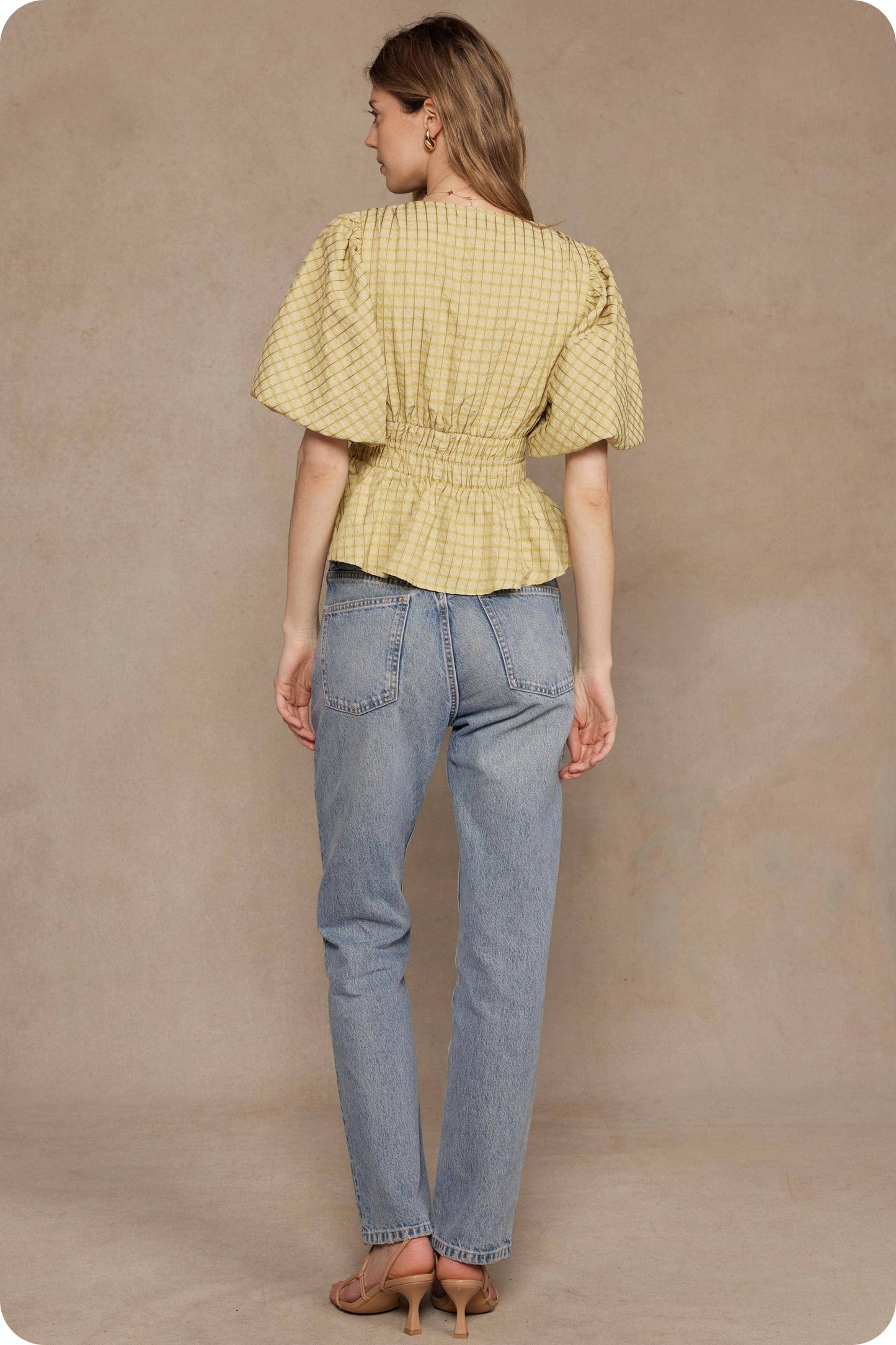 Checkered Puff Sleeve Blouse