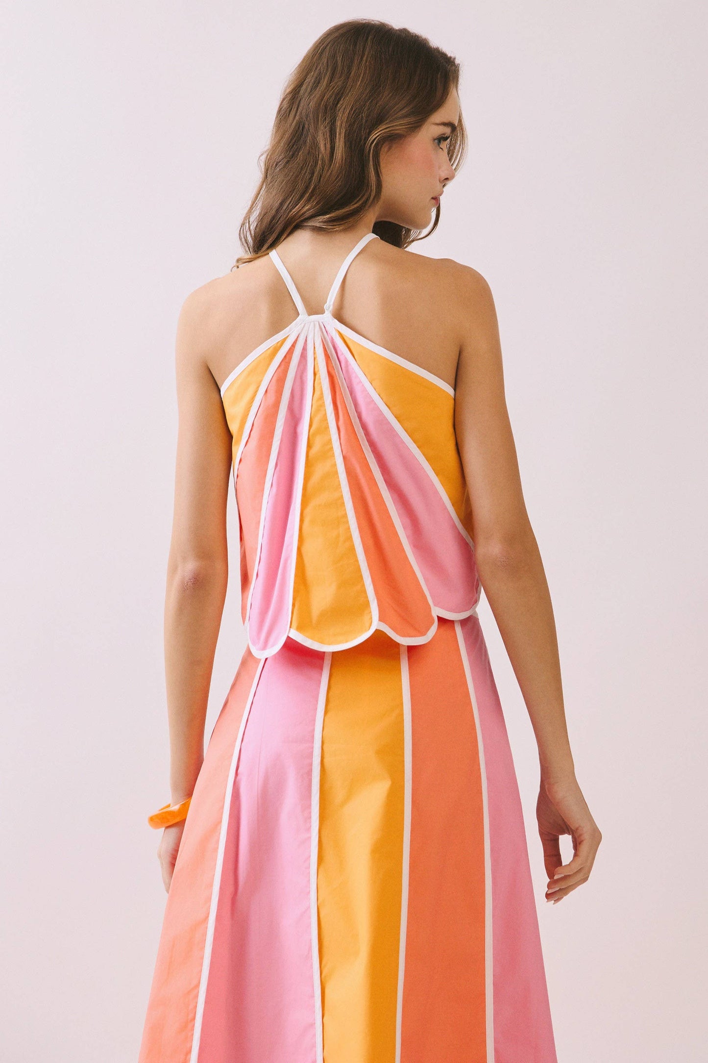 Peach Block Scalloped Edges Detail Halter set