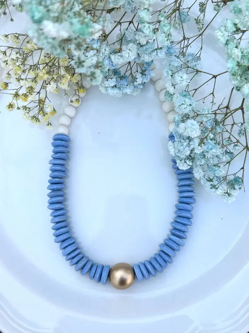 Powder blue beaded statement necklace
