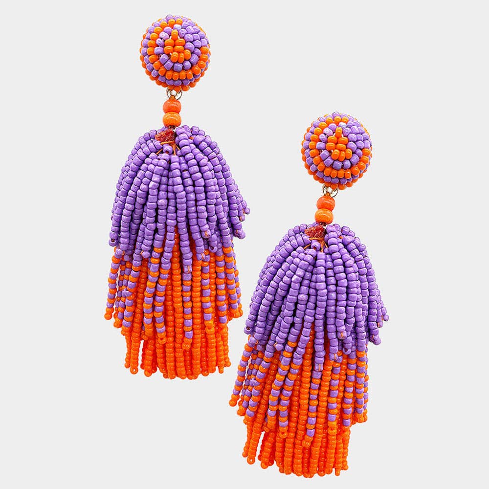 Game Day Seed Beaded Tassel Dangle Earrings