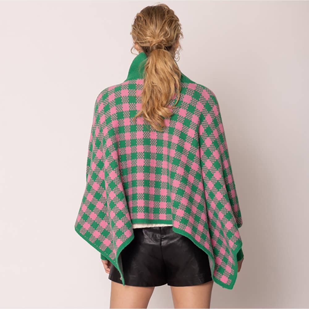 Checkered Pattern Knit Turtleneck Poncho