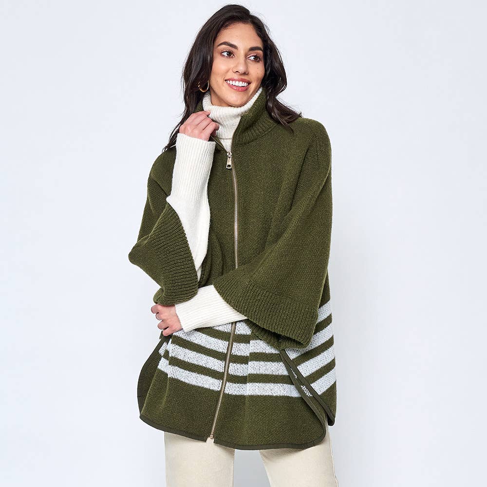 Sporty Bordered Zip Up Knit Cape Poncho