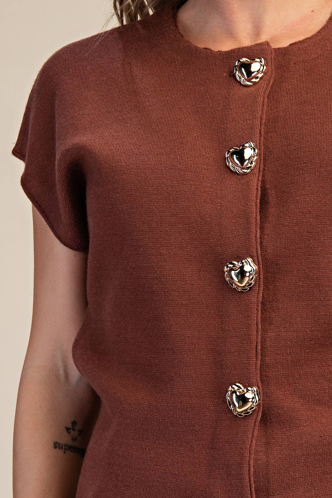 Dropped Shoulder Heart Button Detail Sweater