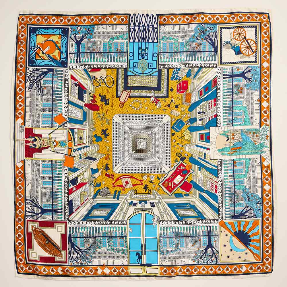 Whimsical Cityscape Printed Square Silky Satin Scarf