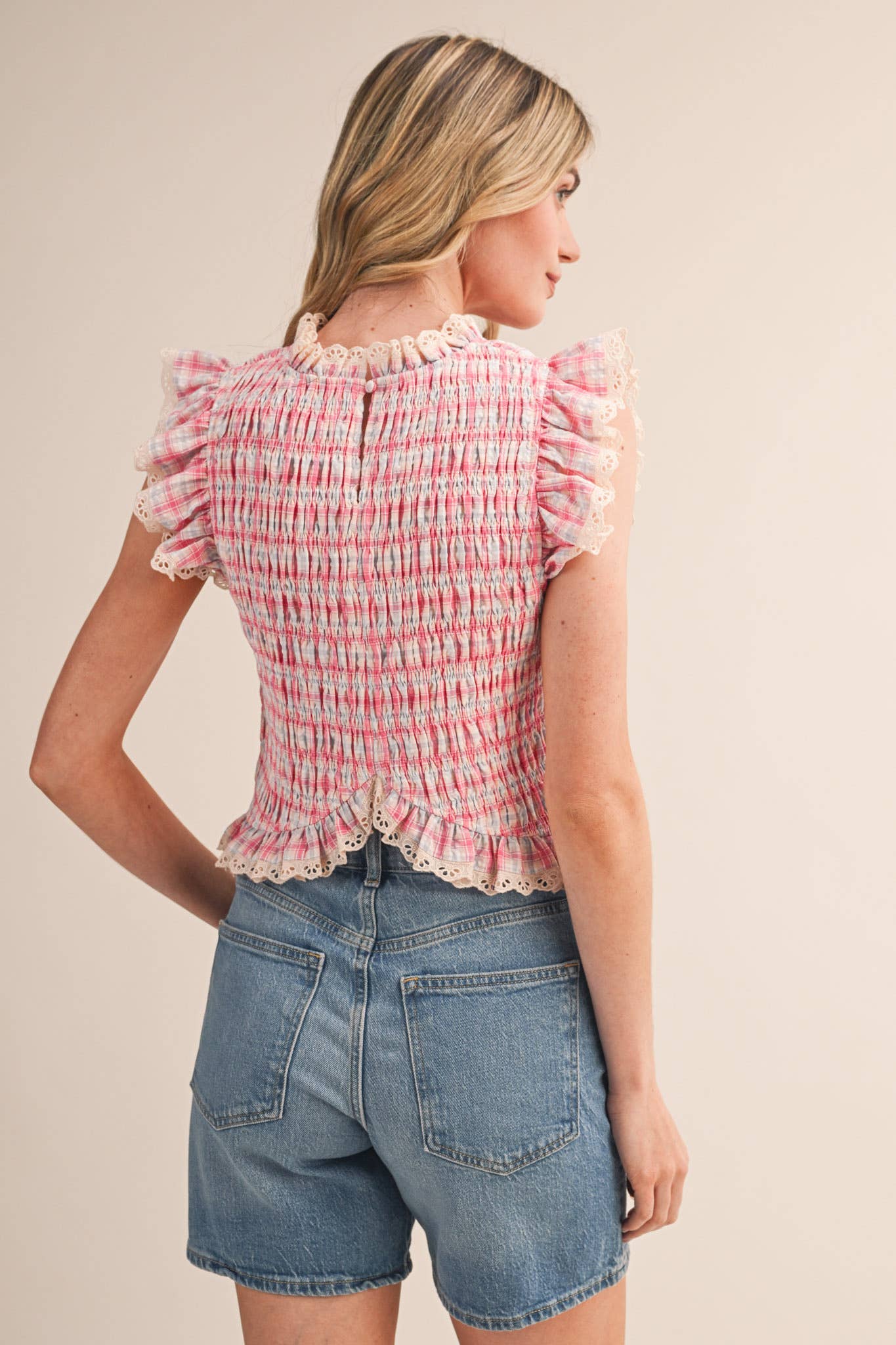 PLAID SMOCKED LACE TRIM TOP MTP4665