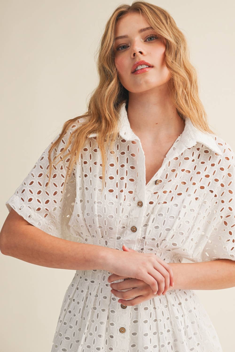 EYELET BUTTON FRONT SHIRT DRESS