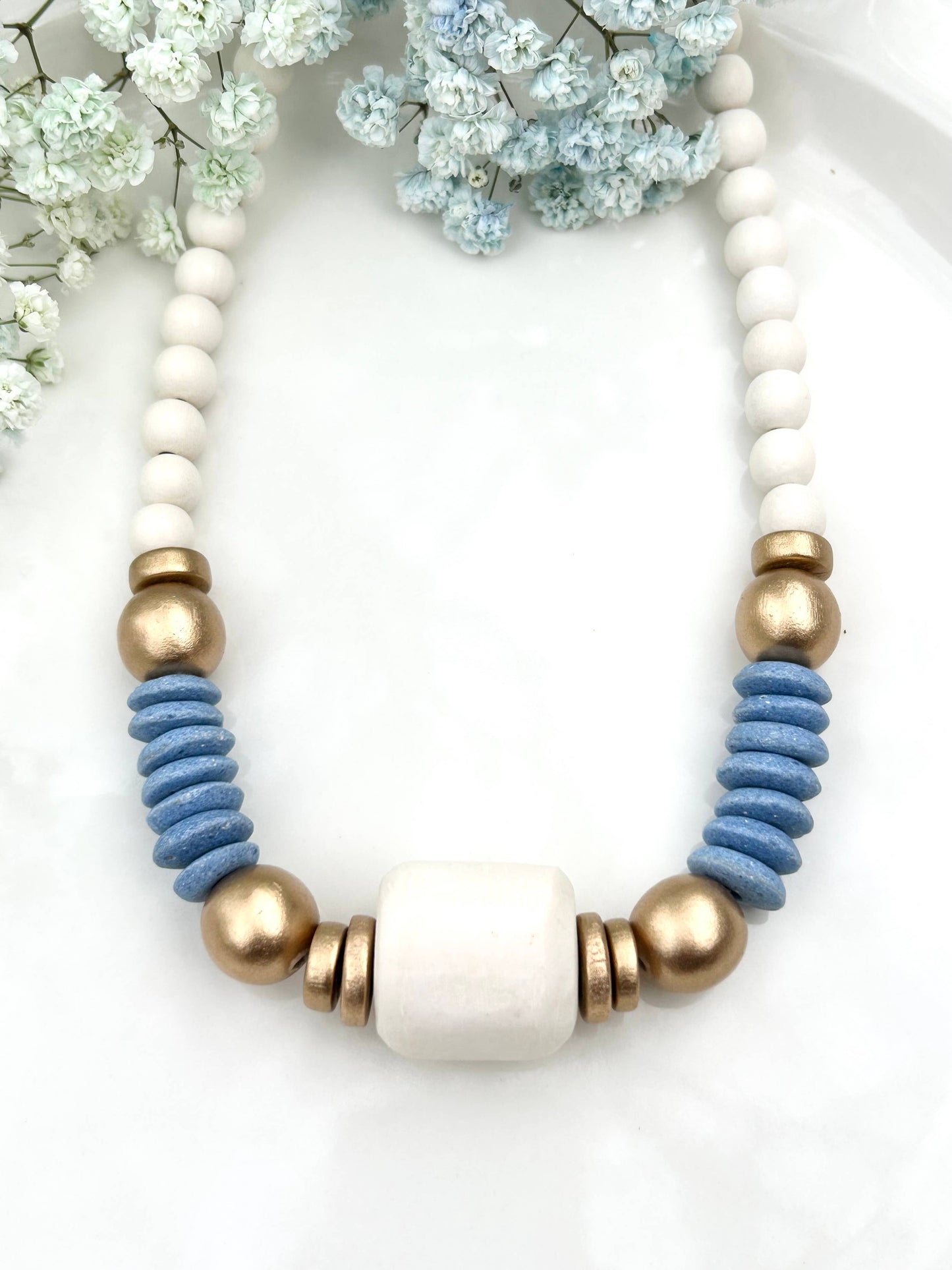 blue/ gold beaded statement necklace