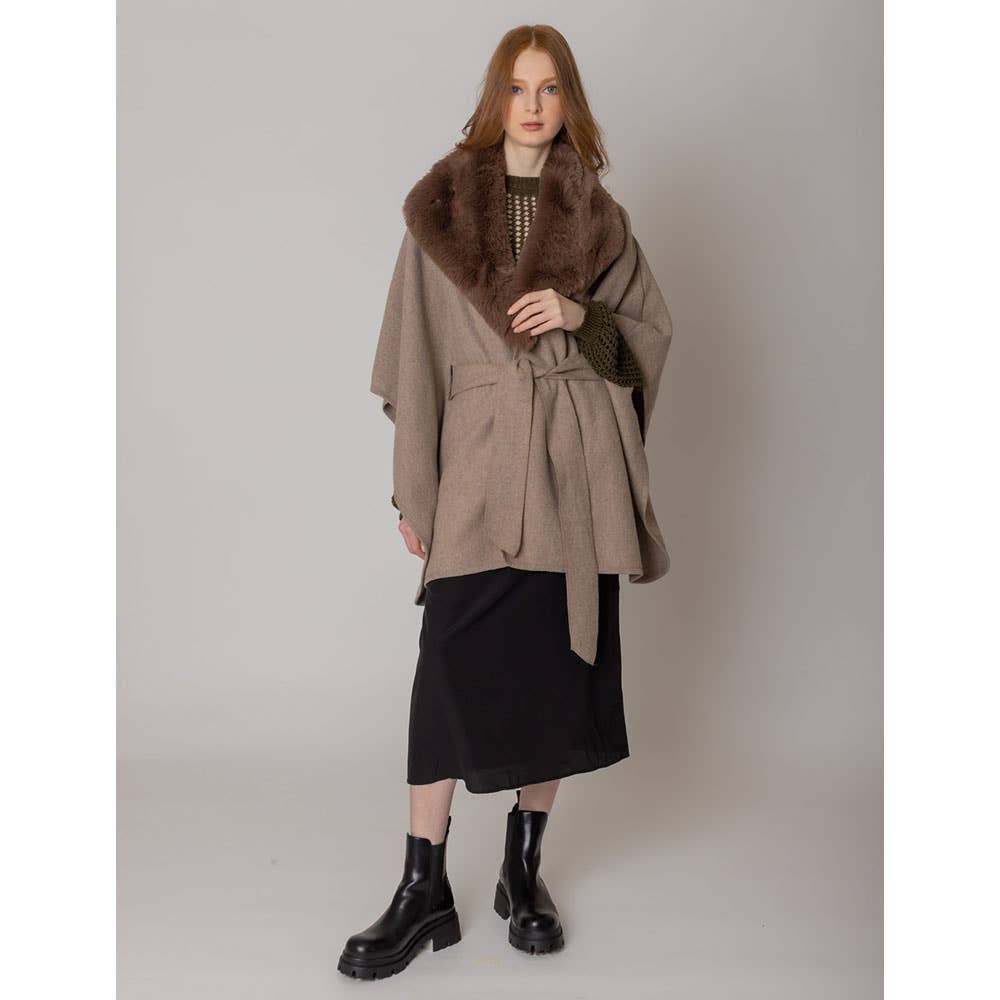 Faux Fur Collar Belted Poncho