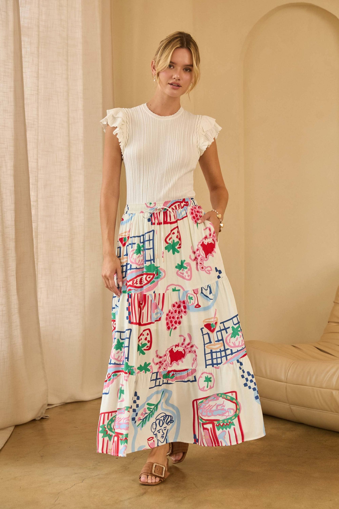 Printed Tiered Midi Skirt