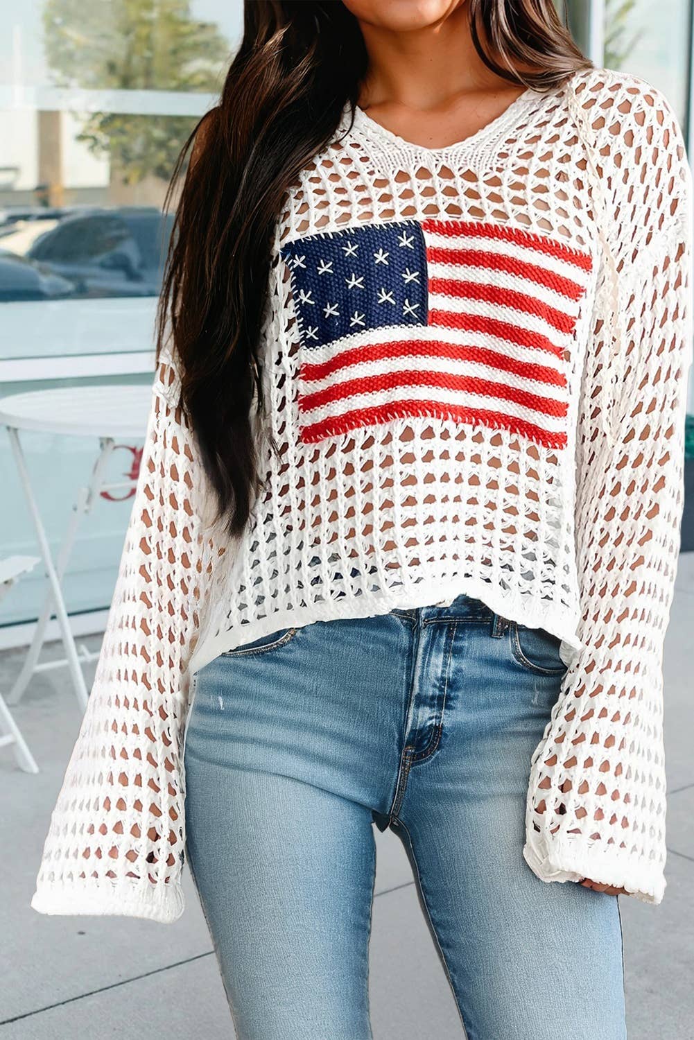 Hollow Out Crochet Knit American Flag Sweater Hoodie