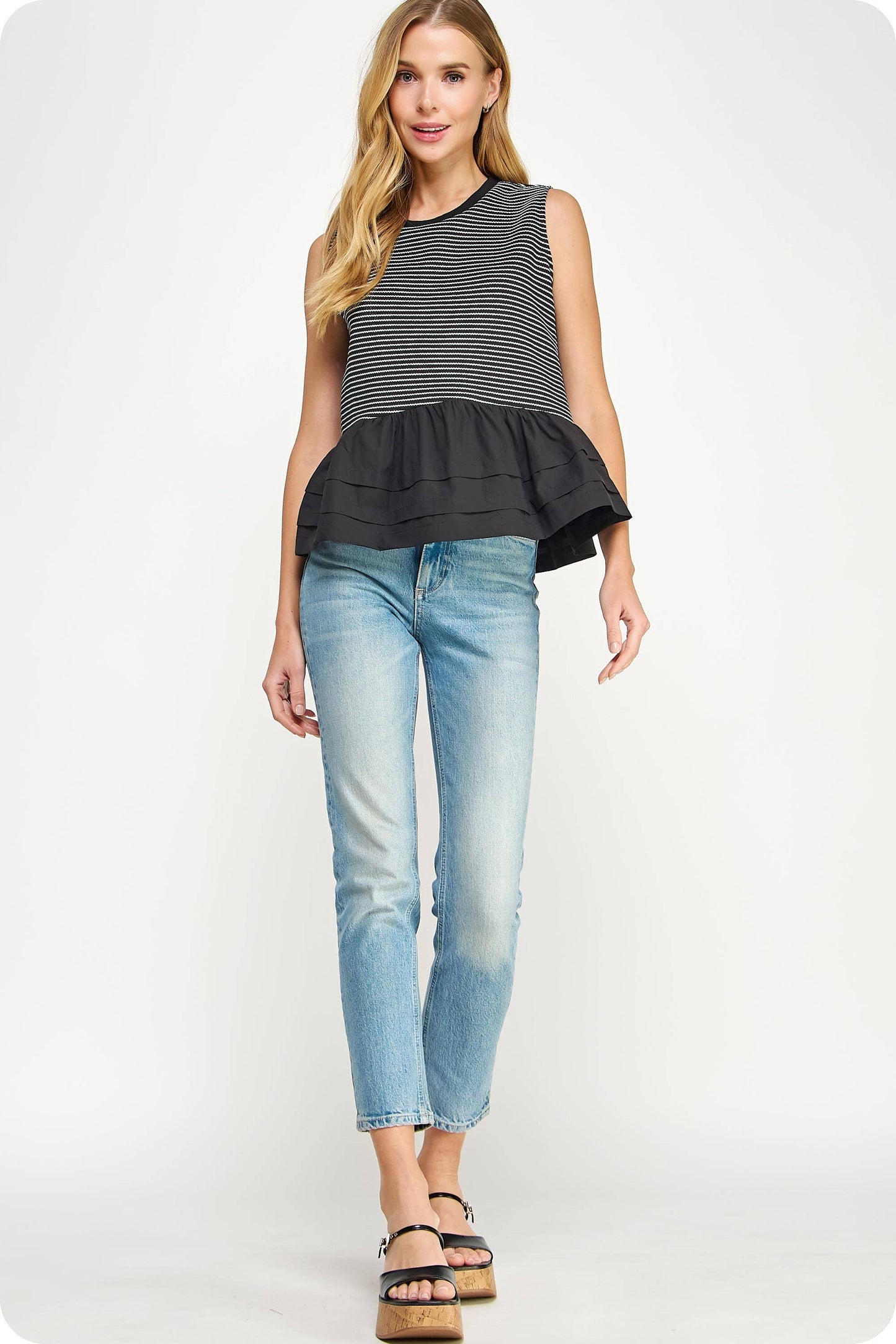 Striped Mixed Media Ruffle Top