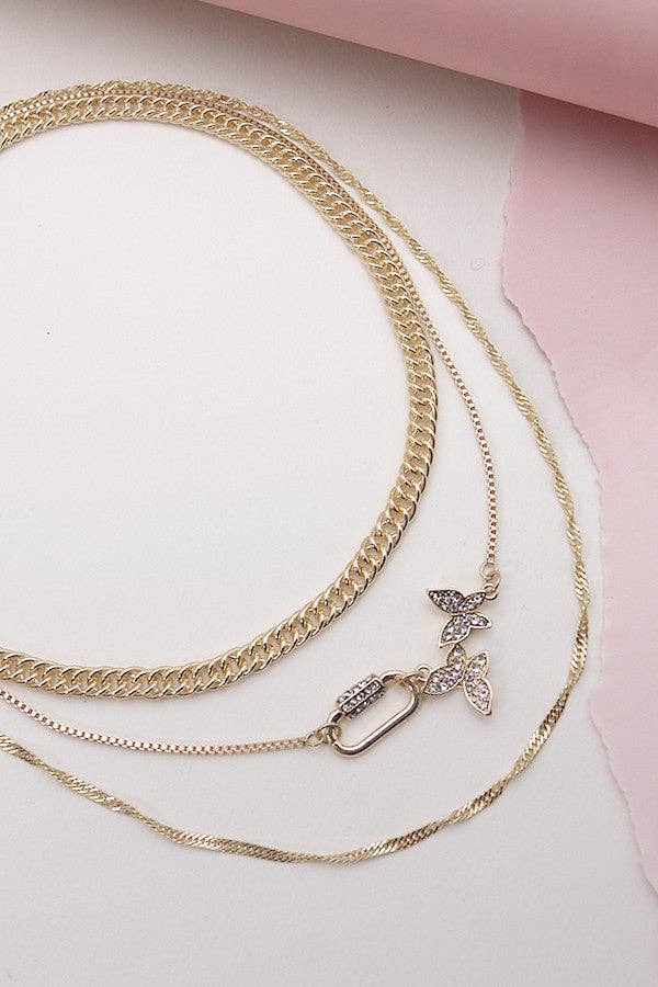 RHINESTONE BUTTERFLY LOCK MULTI CHAIN NECKLACE