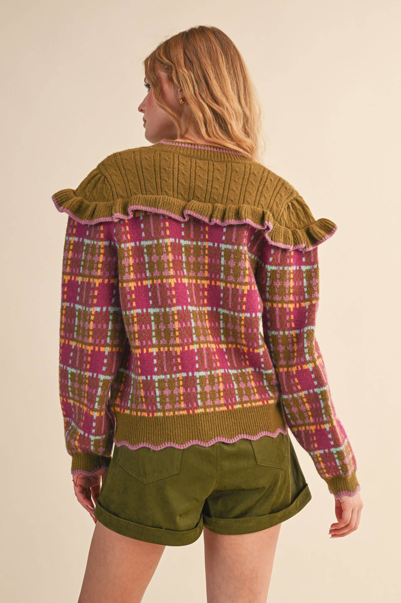RUFFLED YOKE PLAID SWEATER CARDIGAN- Preorder