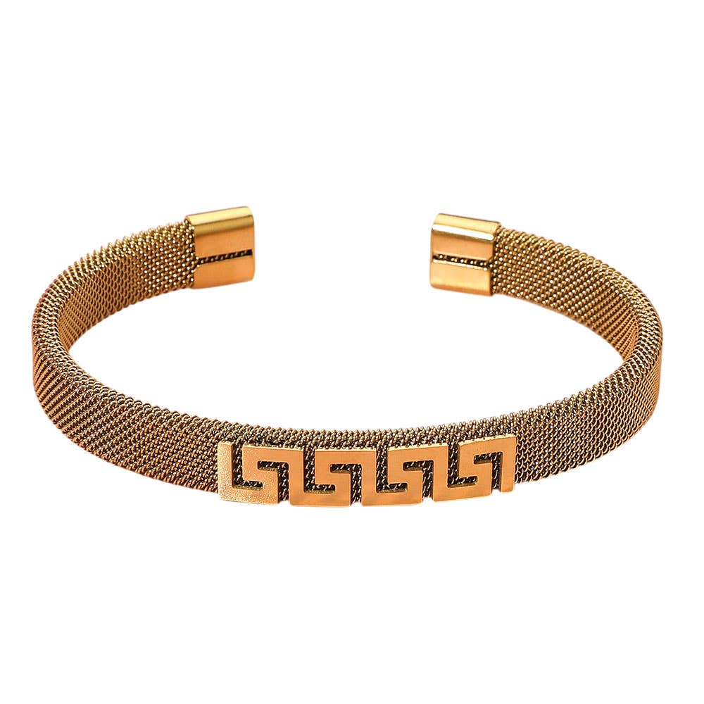 Stainless Steel Greek Key Pattern Accent Mesh Cuff Bracelet