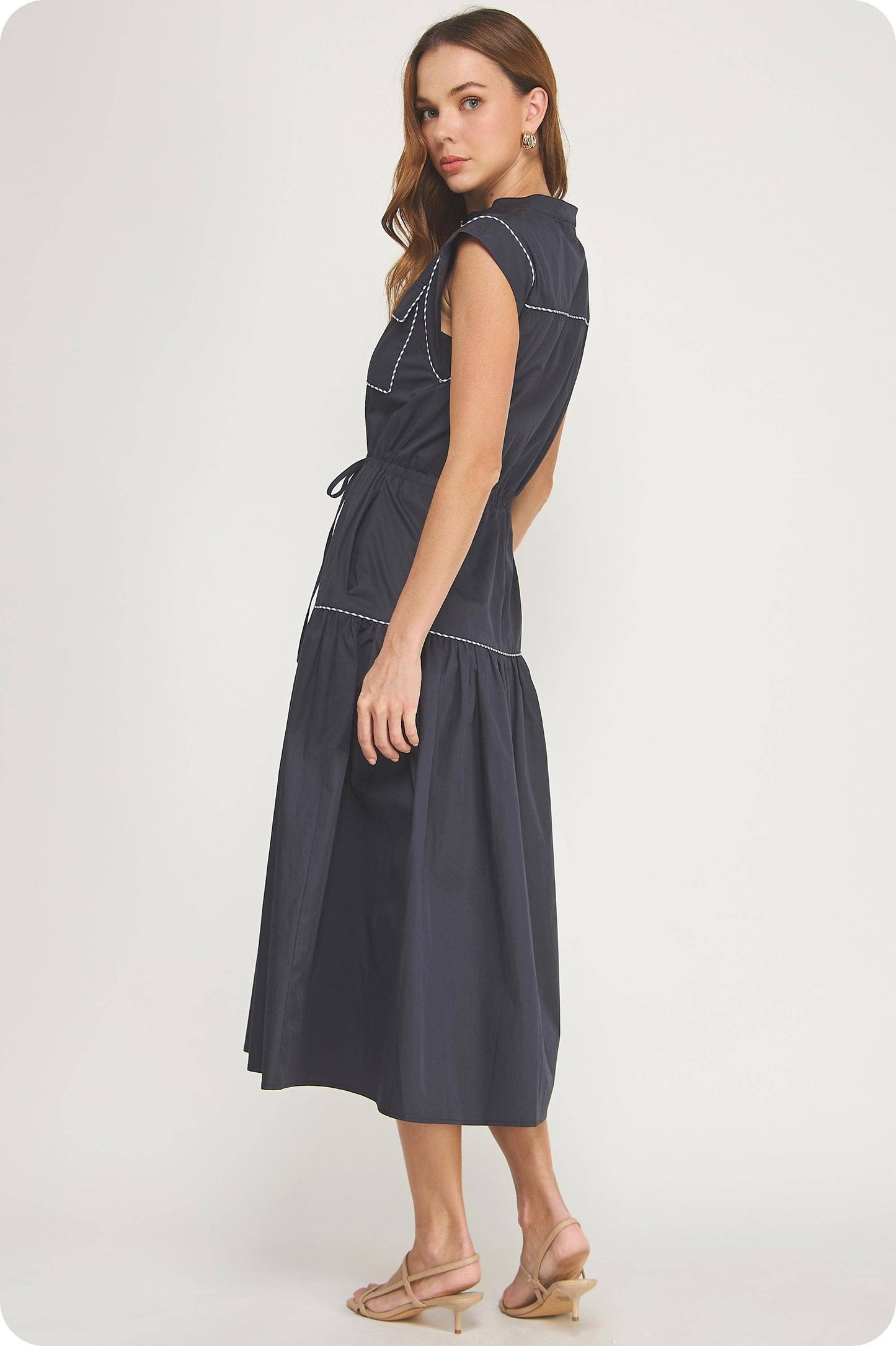 Contrast Piping Utility Midi Shirt Dress