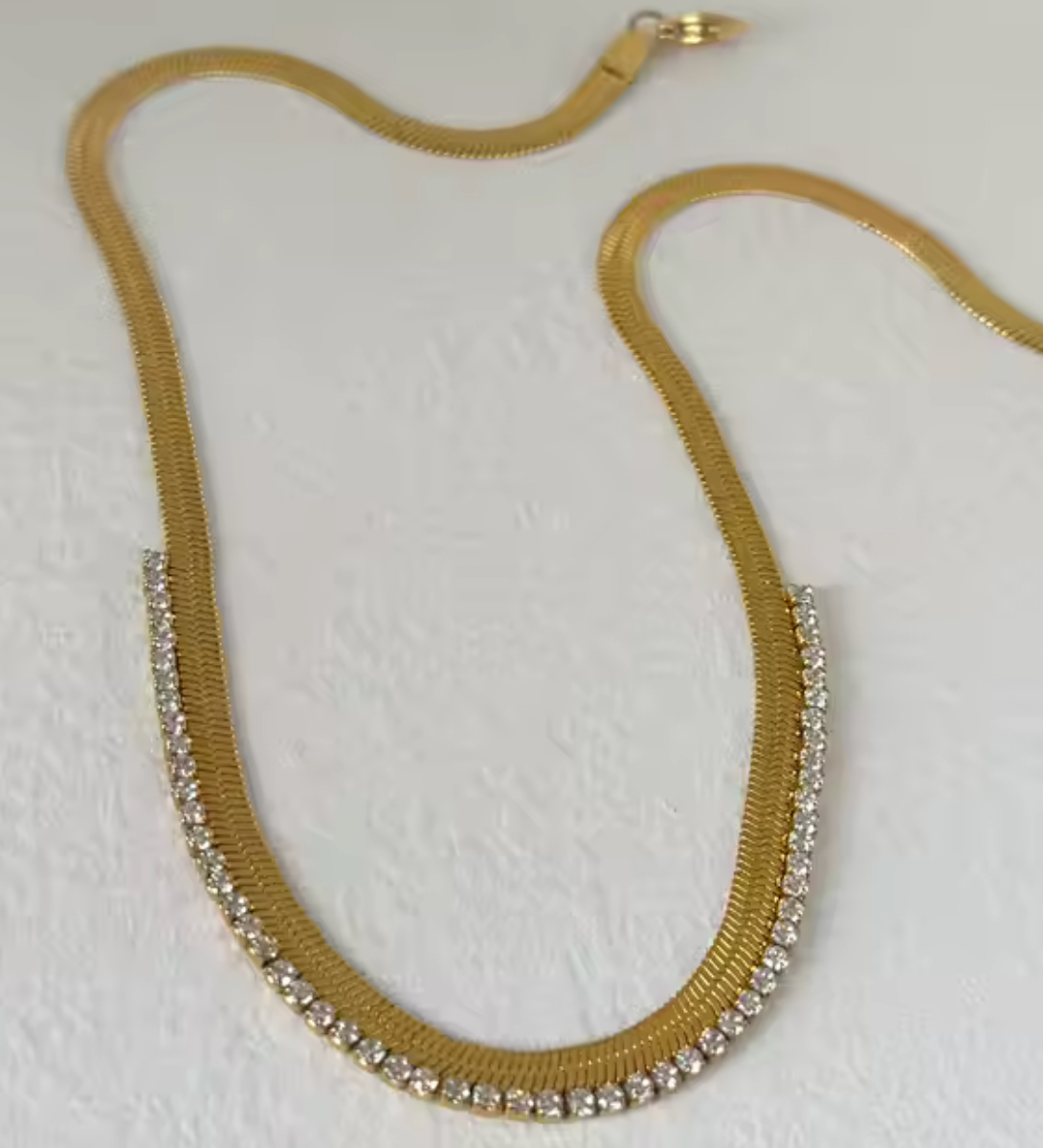 Cecile-Herringbone CZ- Steel Necklace- 14K