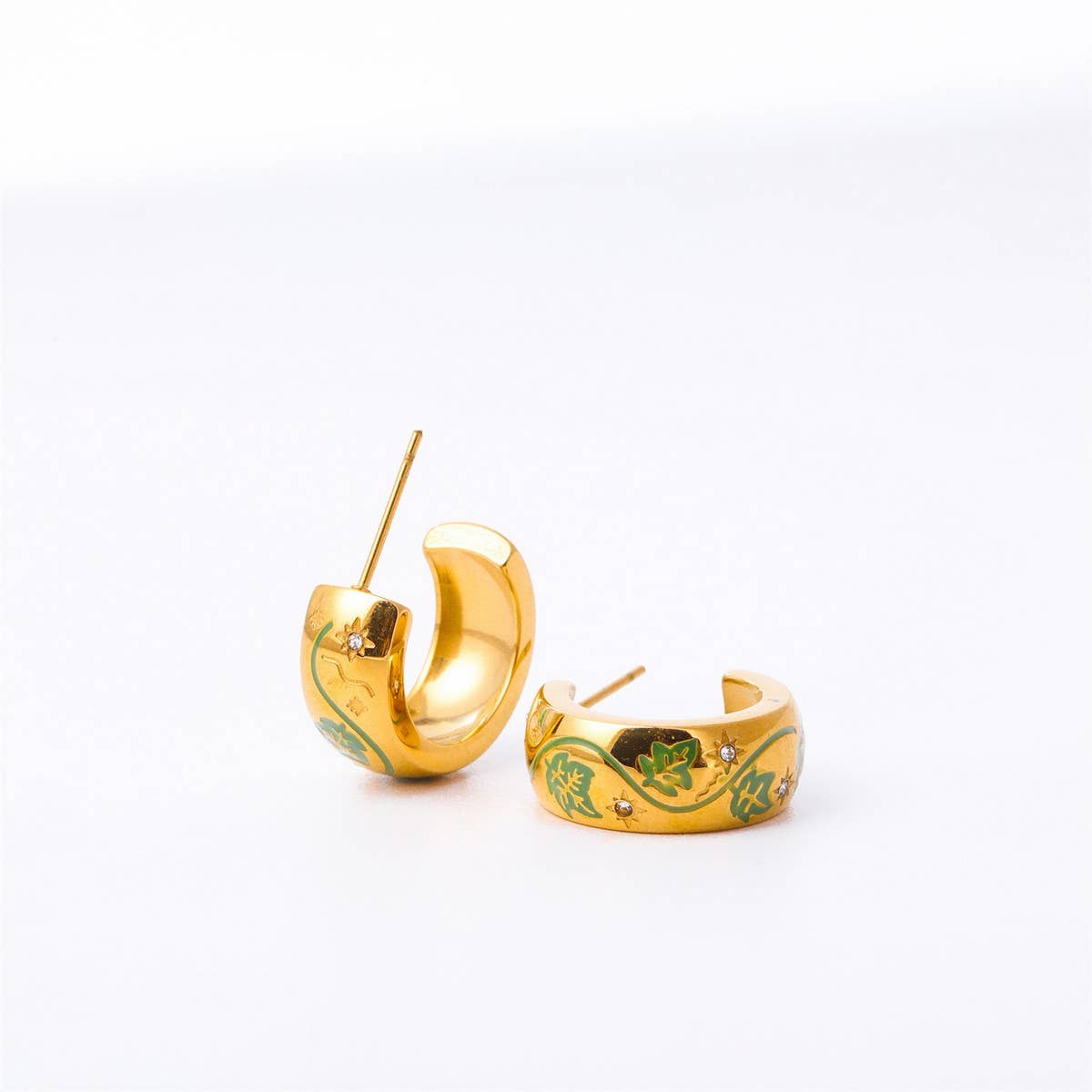 Enamel Floral Rose C Hoop Earrings Gold Stainless_CWAJE5035