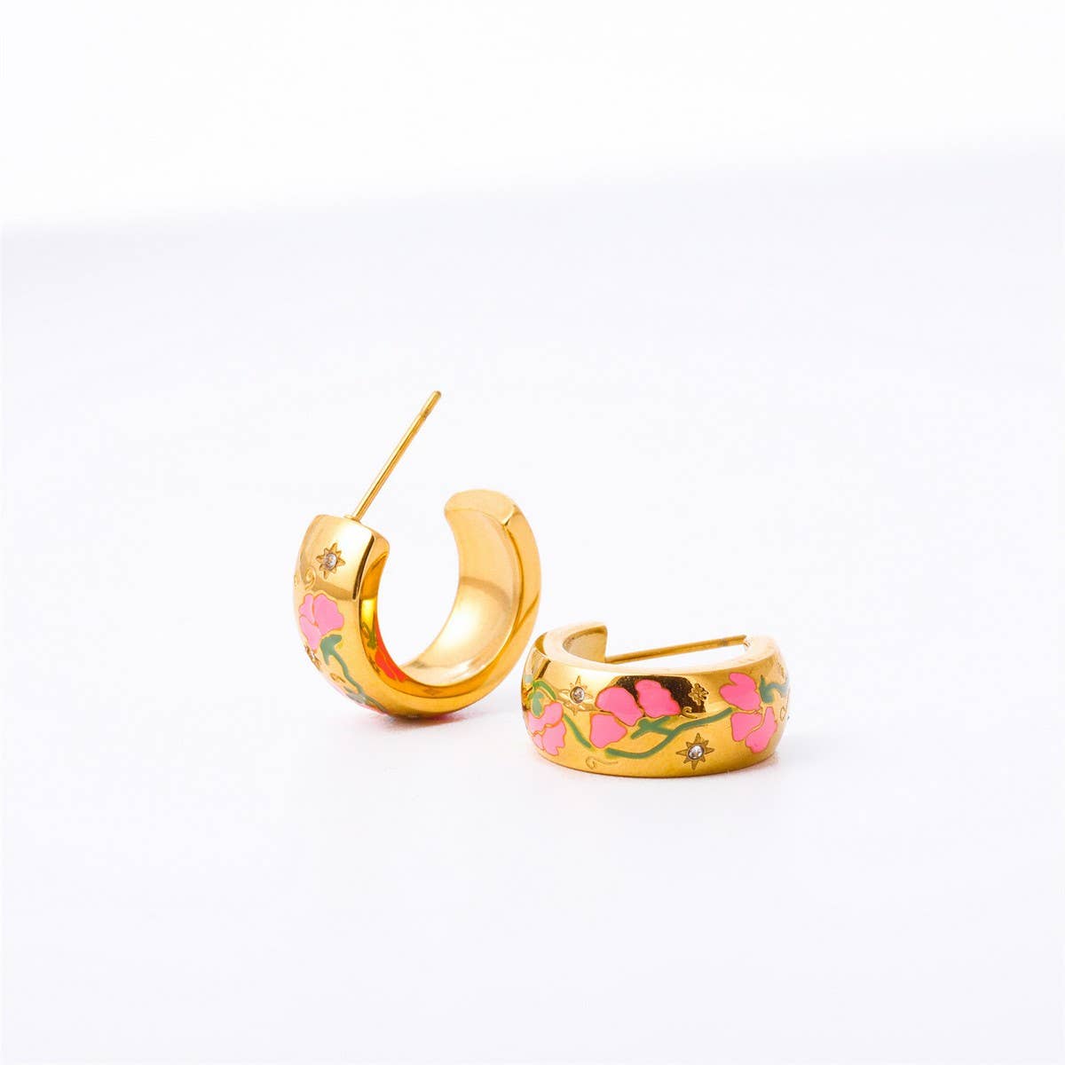 Enamel Floral Rose C Hoop Earrings Gold Stainless_CWAJE5035