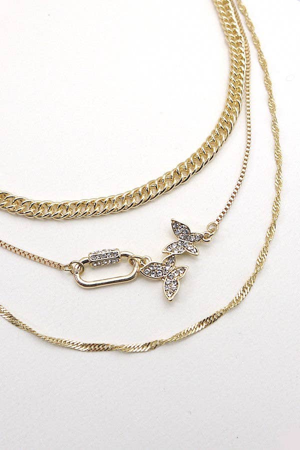RHINESTONE BUTTERFLY LOCK MULTI CHAIN NECKLACE