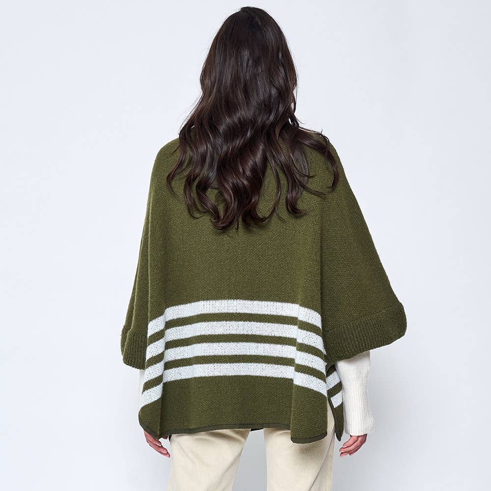 Sporty Bordered Zip Up Knit Cape Poncho