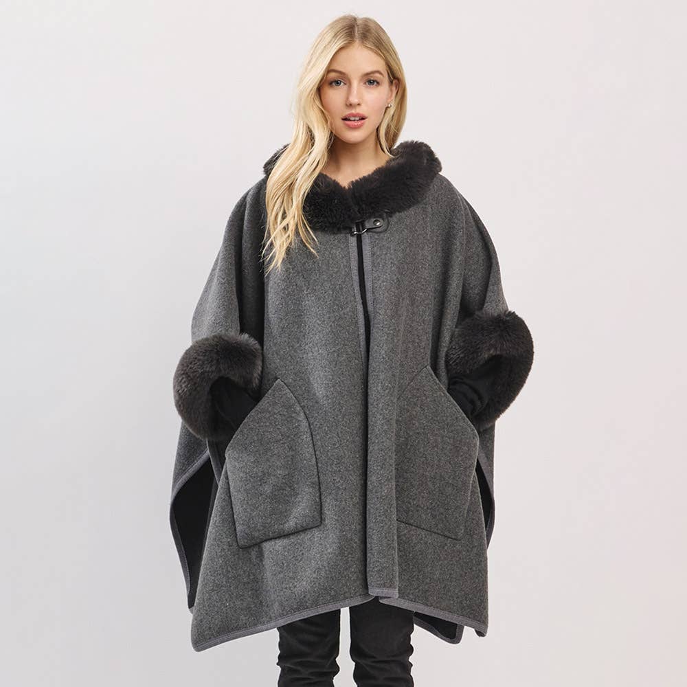 Faux Fur Trim Toggle Clasp Front Cape Wrap Poncho