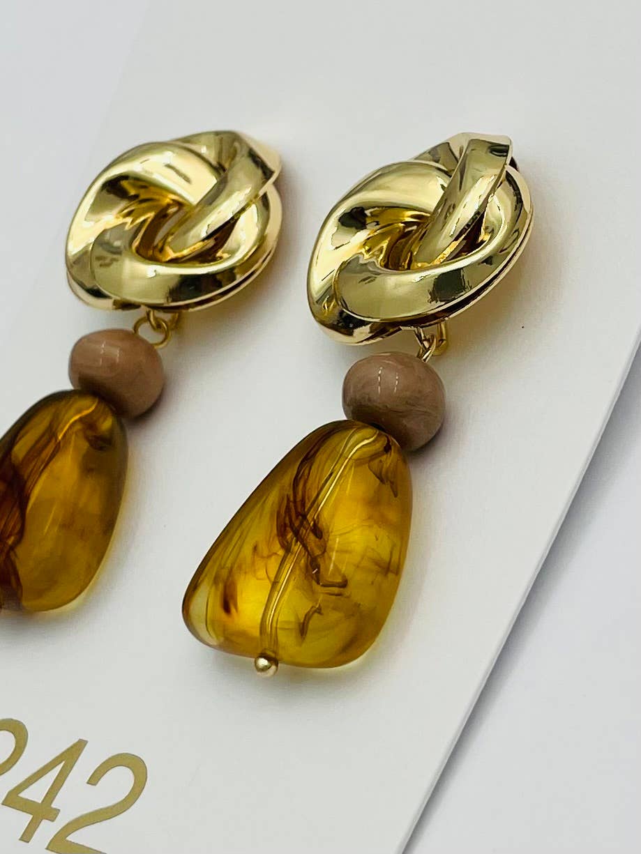 Gold Knot & Resin Earring (gold/amber) ER213