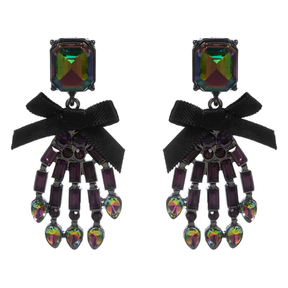 Bow Accent Glass Stone Skeleton Hand Dangle Earrings