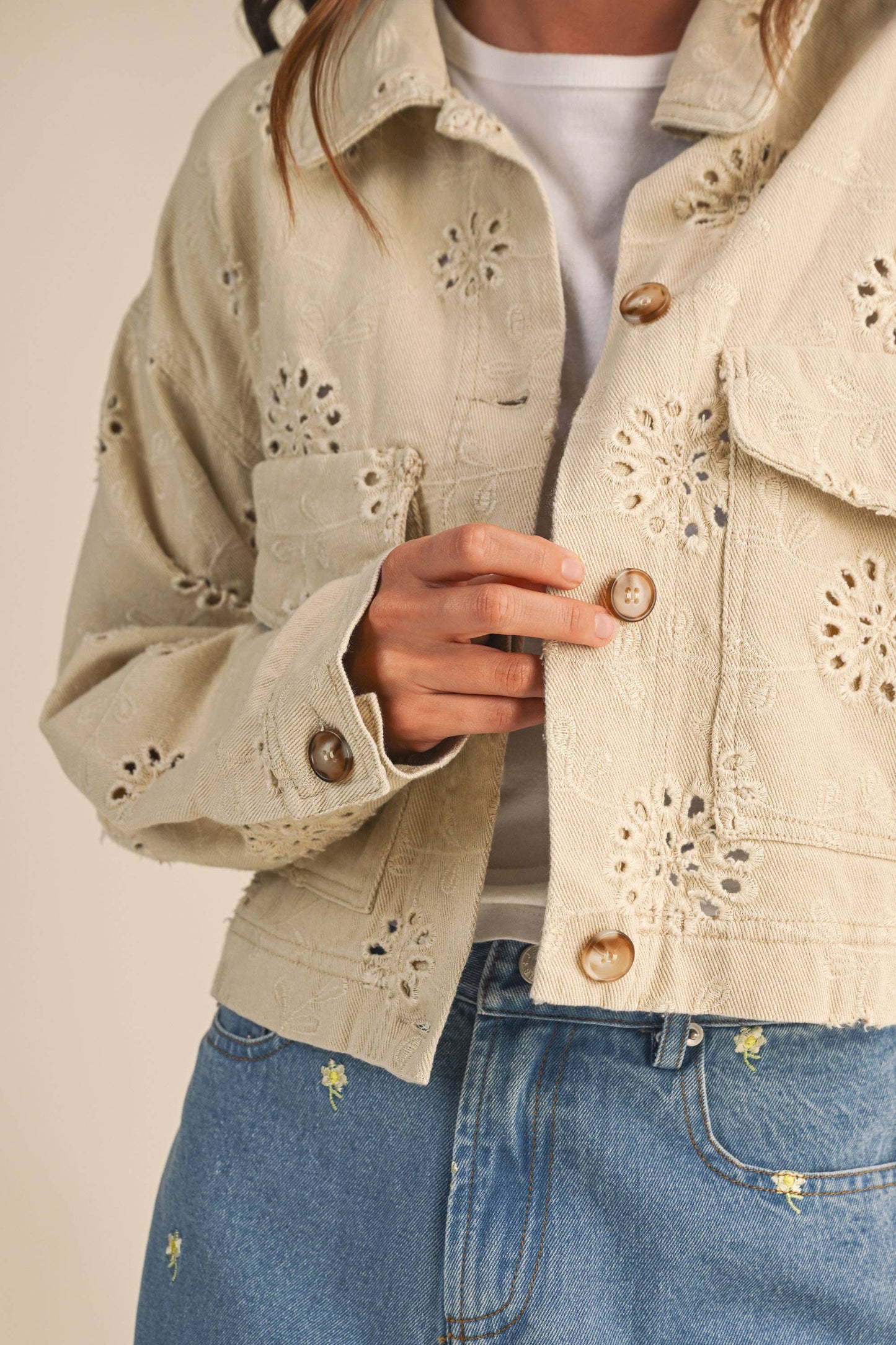 EYELET TWILL CROPPED JACKET