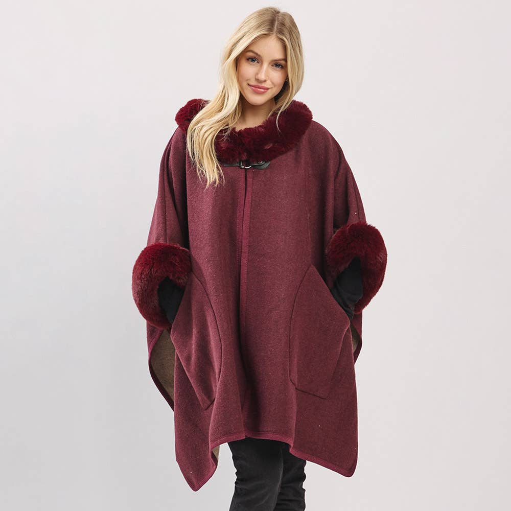 Faux Fur Trim Toggle Clasp Front Cape Wrap Poncho
