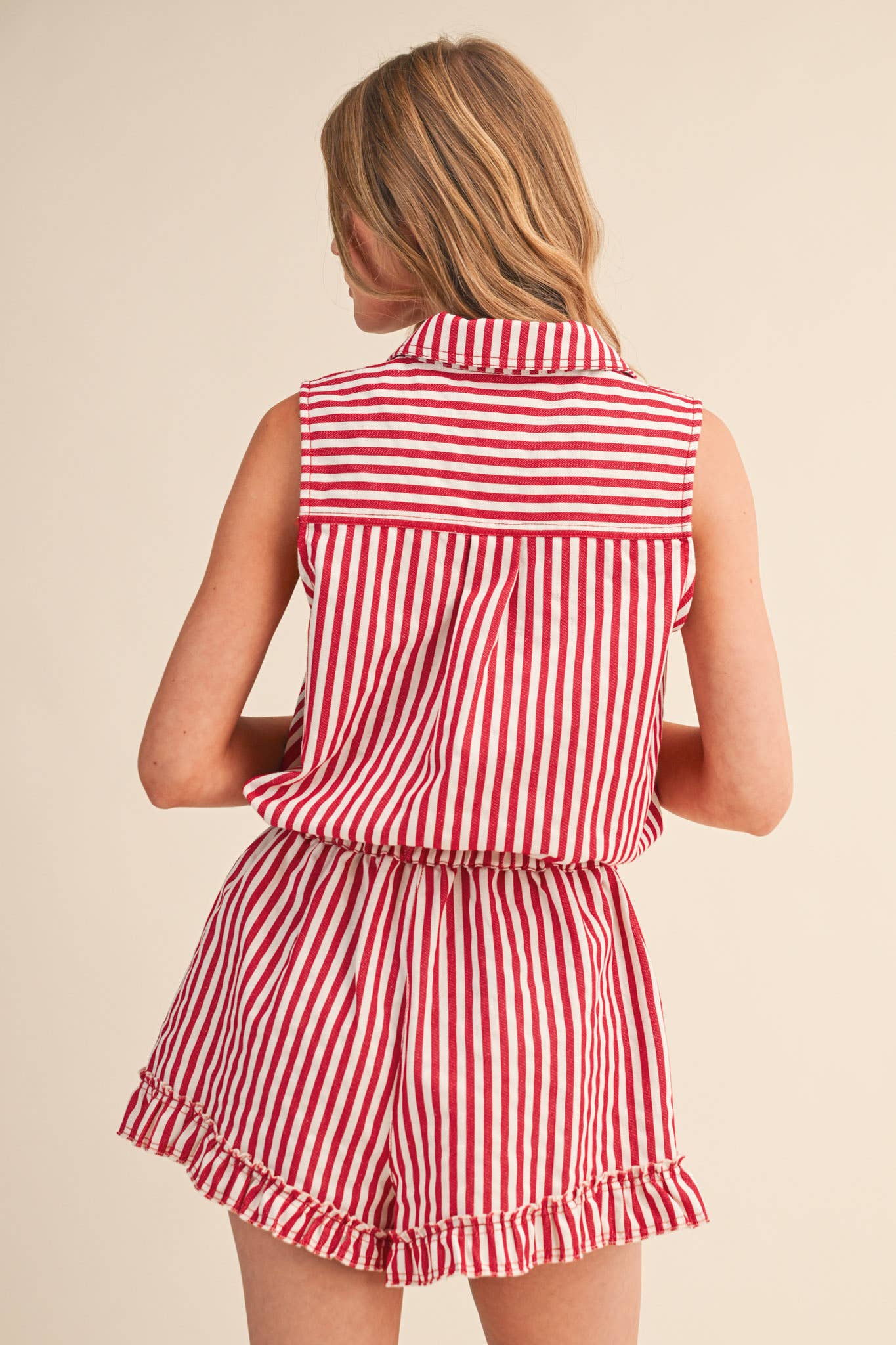 STRIPED BUTTON DOWN SLEEVELESS ROMPER