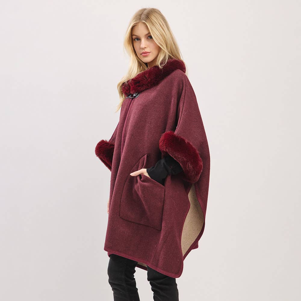 Faux Fur Trim Toggle Clasp Front Cape Wrap Poncho