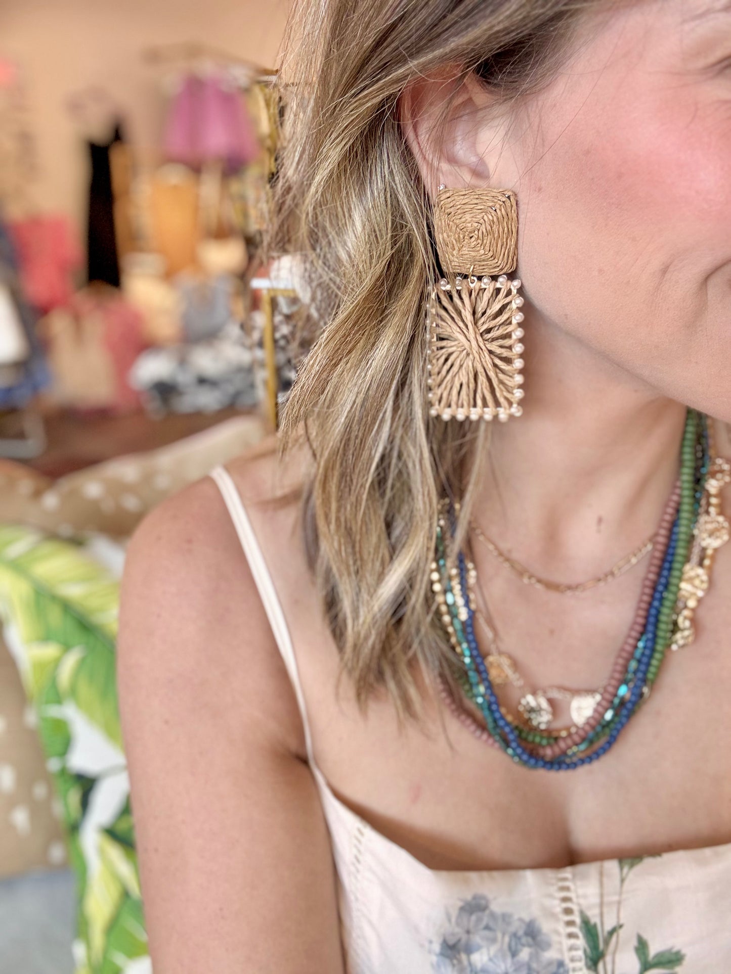 DOUBLE SQUARE RAFFIA DANGLE EARRINGS