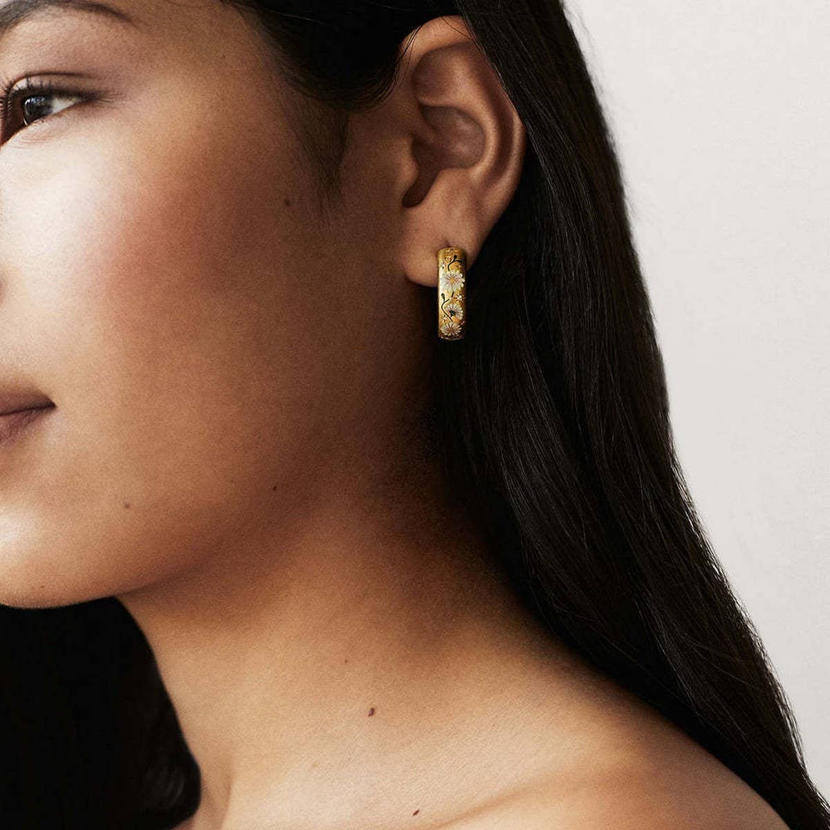 Enamel Floral Rose C Hoop Earrings Gold Stainless_CWAJE5035