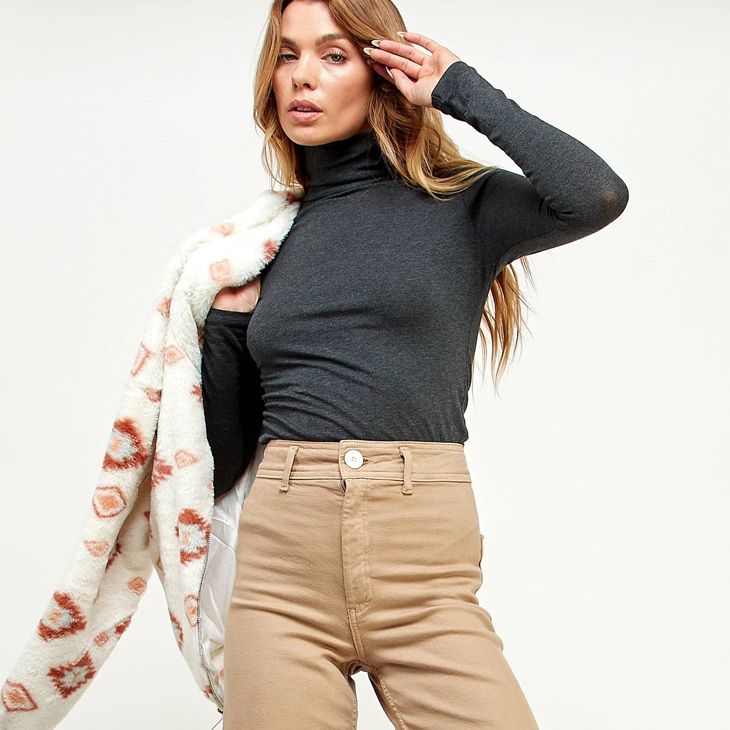 Black SCRUNCH MOCK NECK LONG SLEEVE TOP