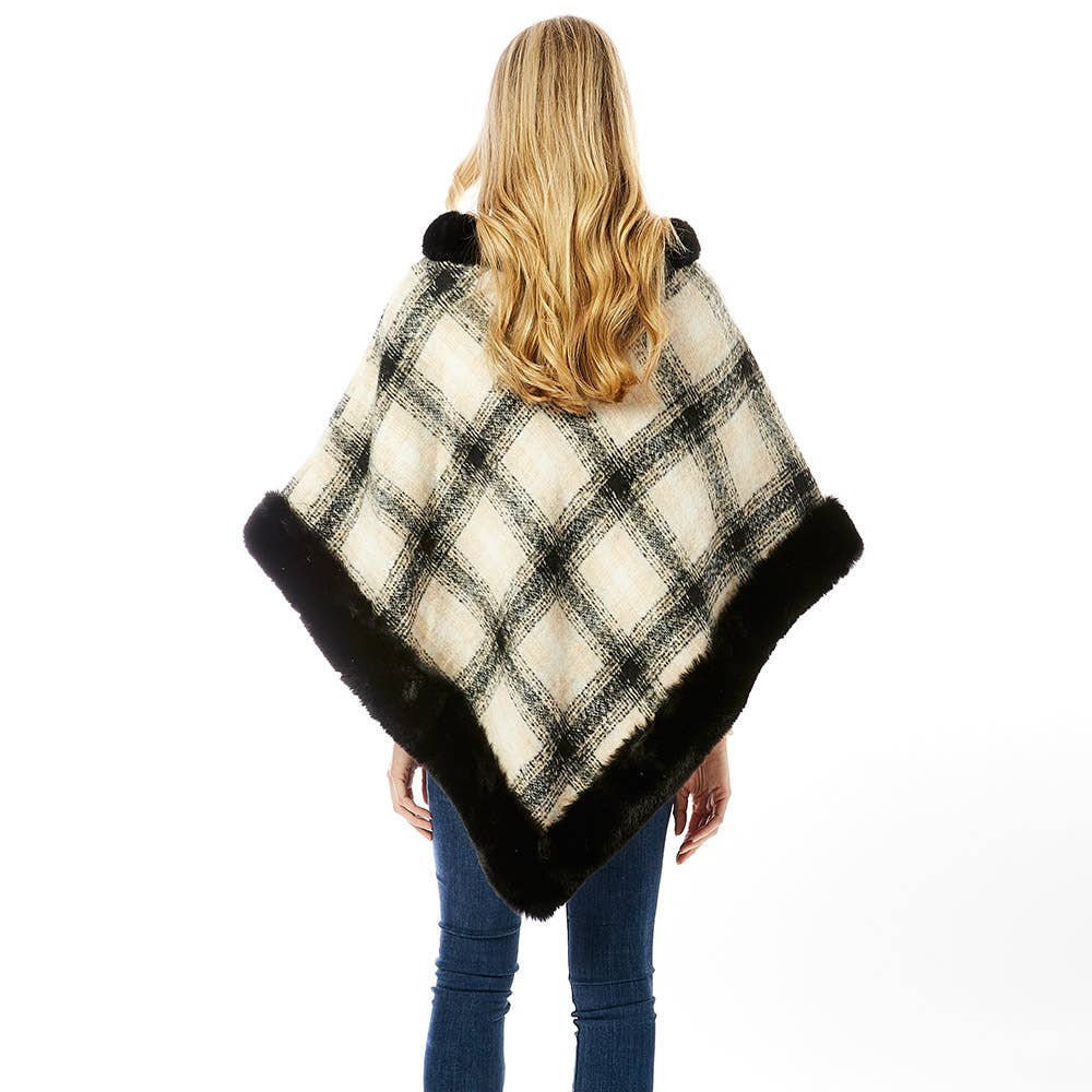 Plaid Check Patterned Faux Fur Trimmed Poncho