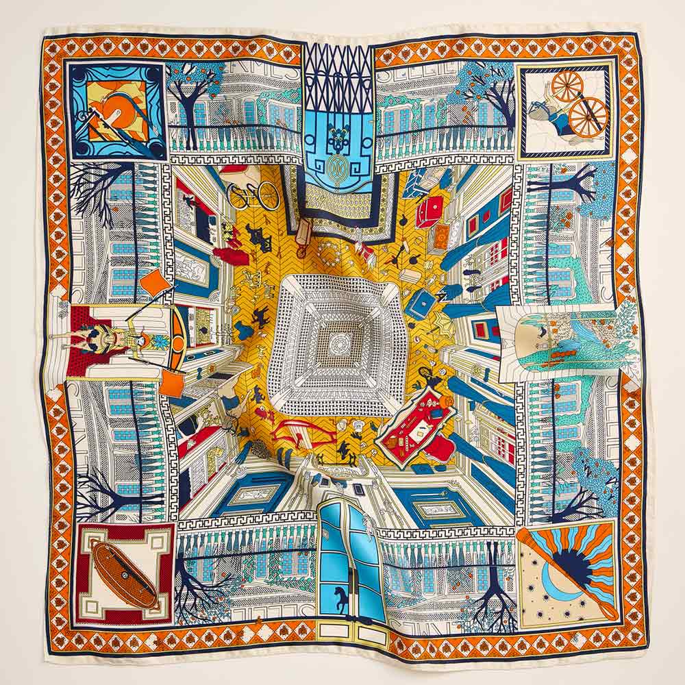 Whimsical Cityscape Printed Square Silky Satin Scarf
