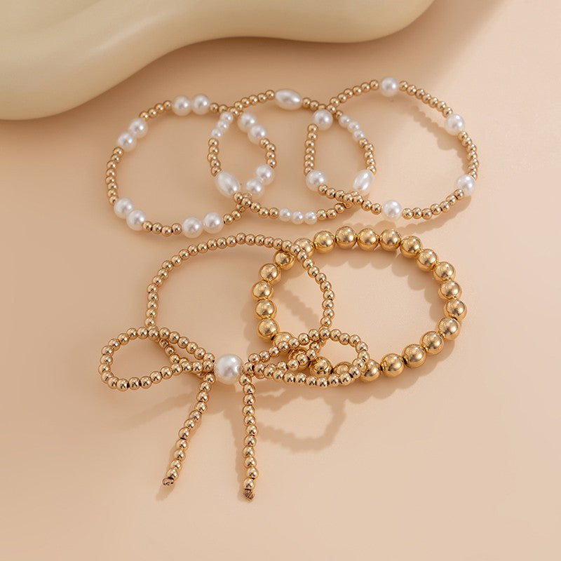 Multi Layer Beaded Pearl Bow Bracelet