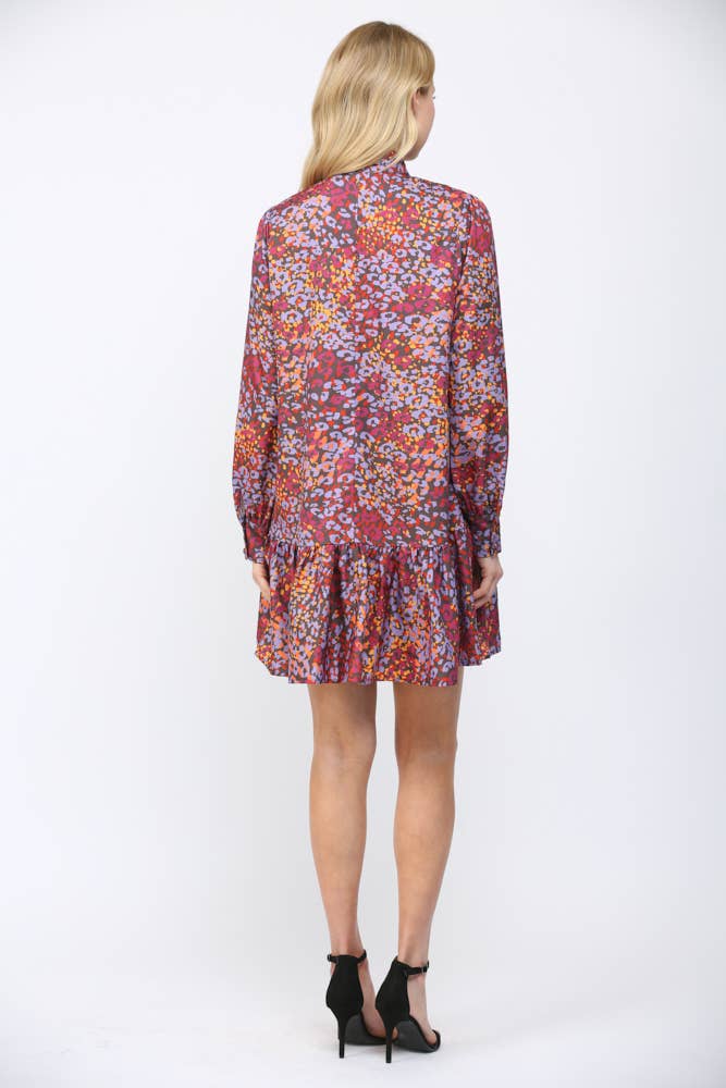 ABSTRACT ANIMAL PRINT TIE NECKLINE RUFFLE HEM DRESS