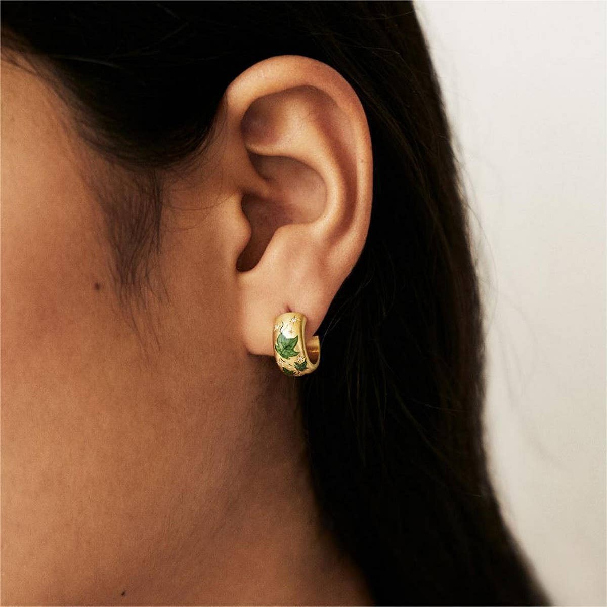 Enamel Floral Rose C Hoop Earrings Gold Stainless_CWAJE5035