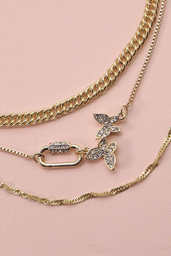 RHINESTONE BUTTERFLY LOCK MULTI CHAIN NECKLACE