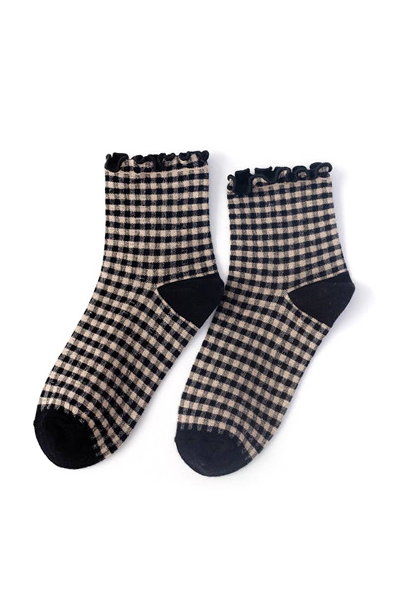 Ruffle Trim Plaid Cotton Ankle Socks