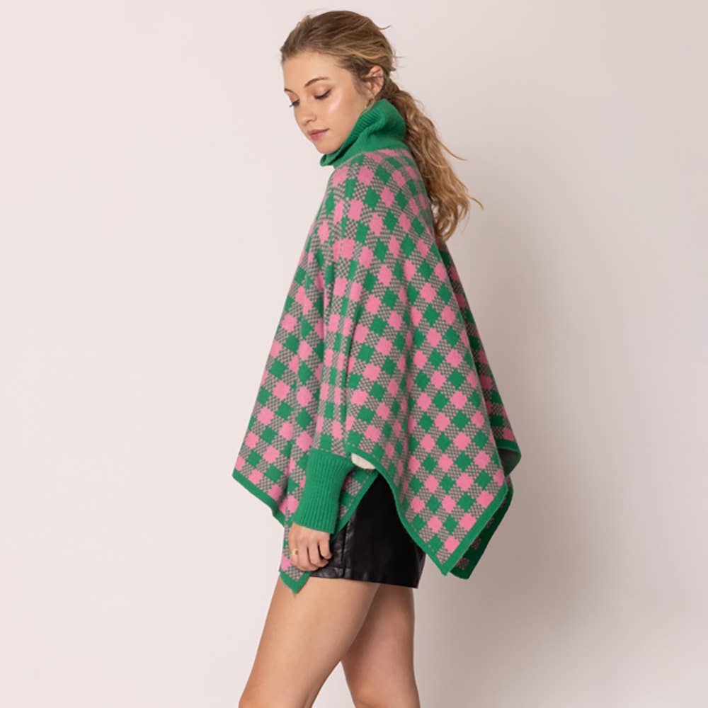 Checkered Pattern Knit Turtleneck Poncho