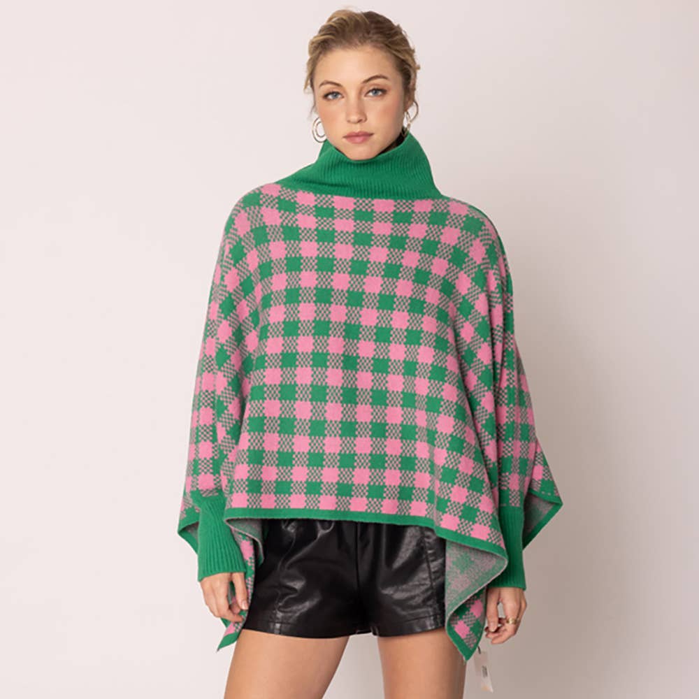 Checkered Pattern Knit Turtleneck Poncho
