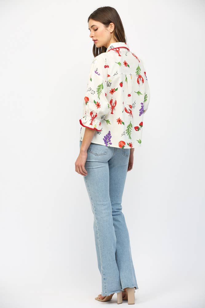 PIPING SUMMER PRINT BUTTON DOWN BLOUSE