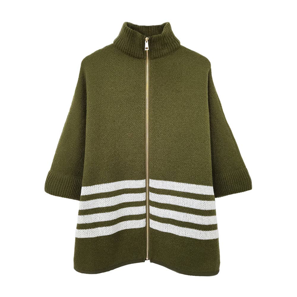Sporty Bordered Zip Up Knit Cape Poncho