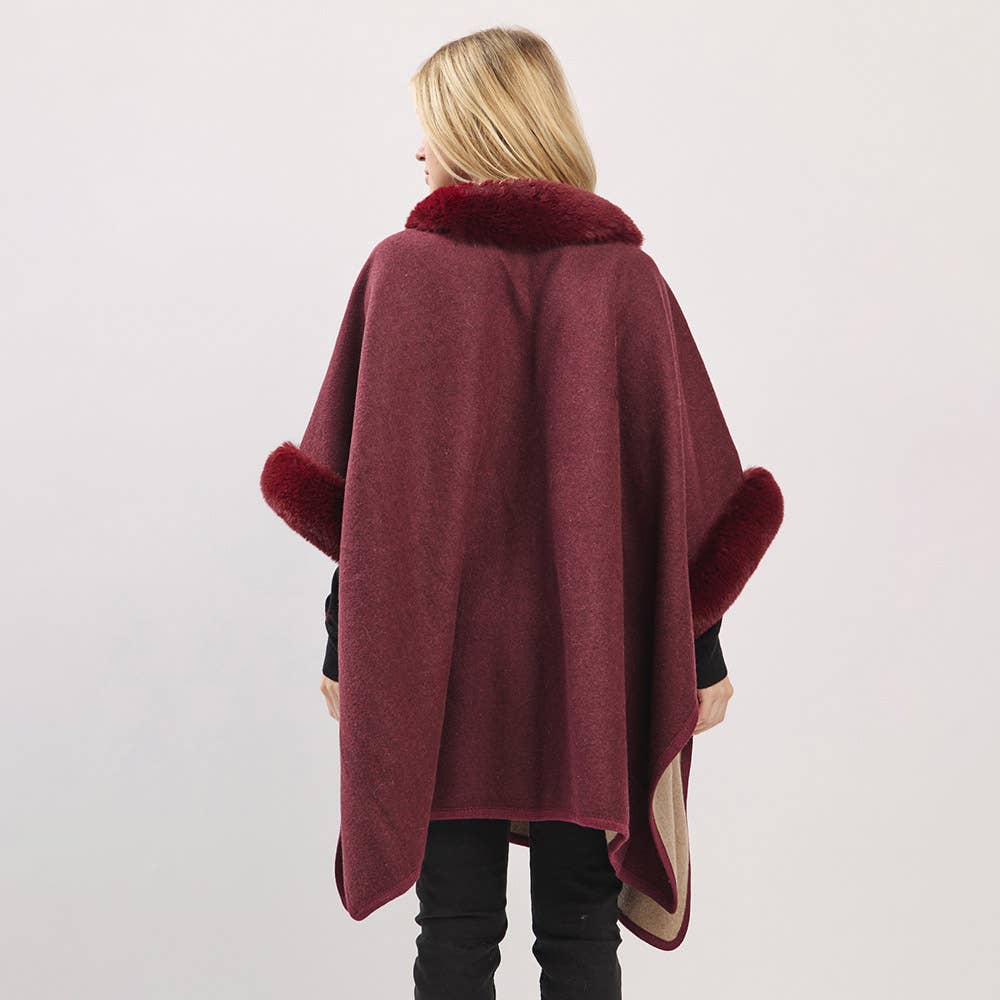 Faux Fur Trim Toggle Clasp Front Cape Wrap Poncho