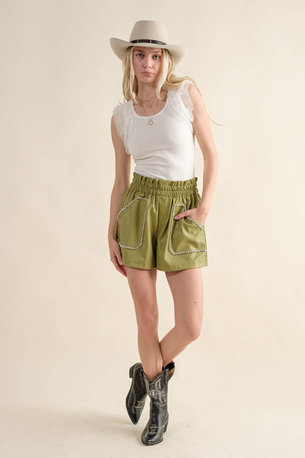 Faux Leather Studded Pocket High Waist Shorts