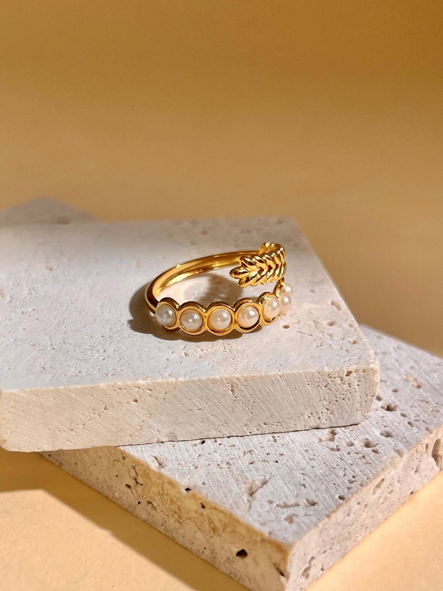 Adjustable Stainless Steel Leaf and Pearl Ring
