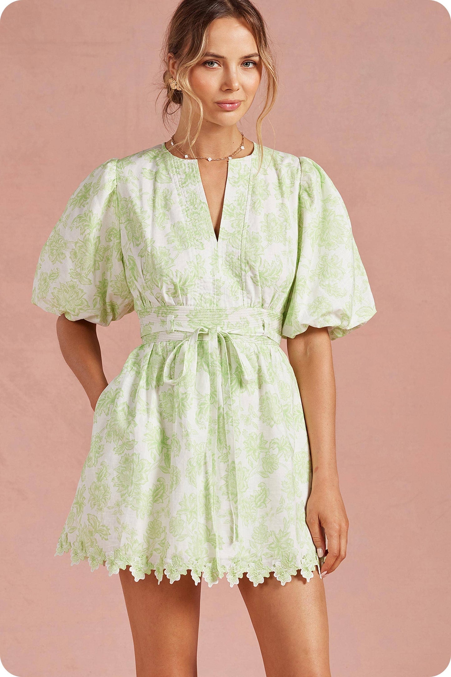 Botanical Garden Scallop Lace Puff Mini Dress
